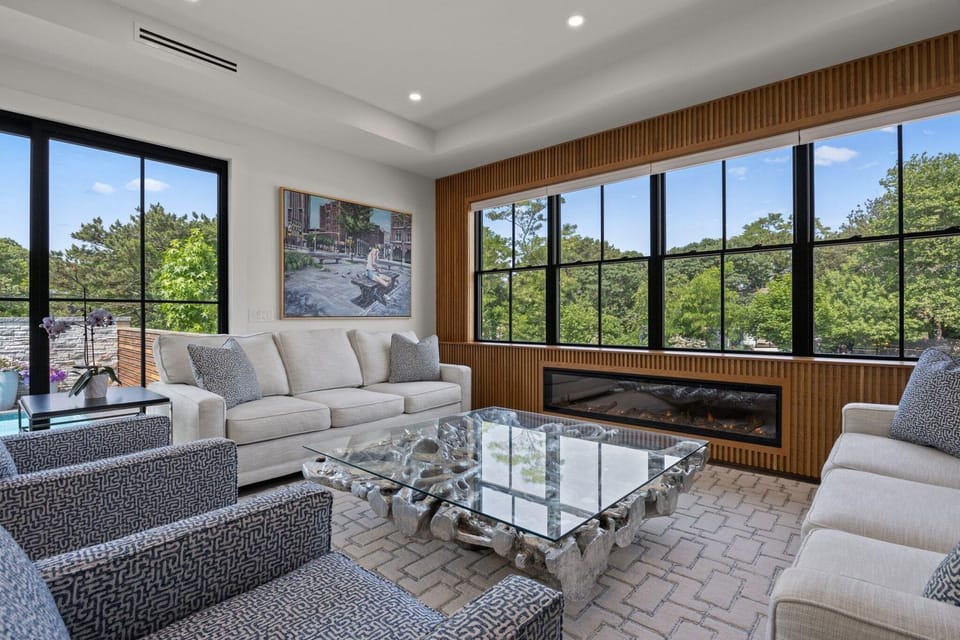 Lovely living room with comfortable seating and gas fireplace