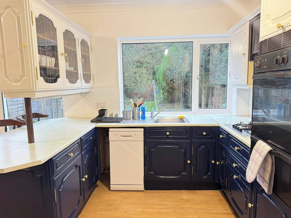 Large kitchen with dishwasher.