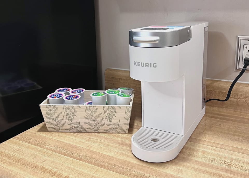 Keurig for single cups of coffee. Starbucks Kcups provided.