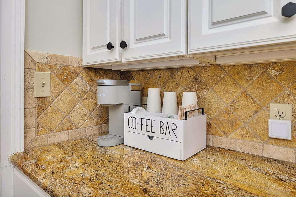 Our fully stocked Keurig coffee bar with lots of coffee pods and accoutrements