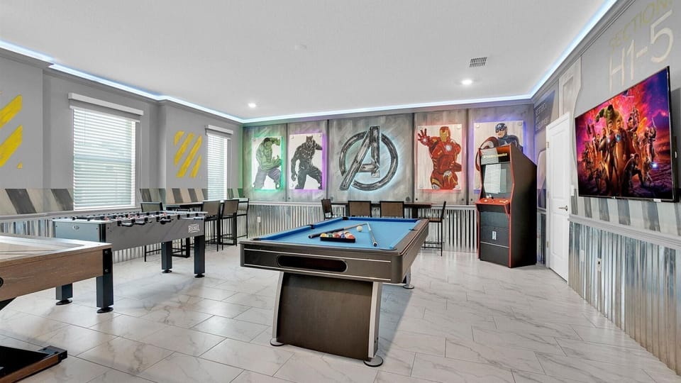 Game Room
65" Smart TV
Pool Table, Foosball, Air Hockey
Arcade Classics Arcade Game
Avengers Theme