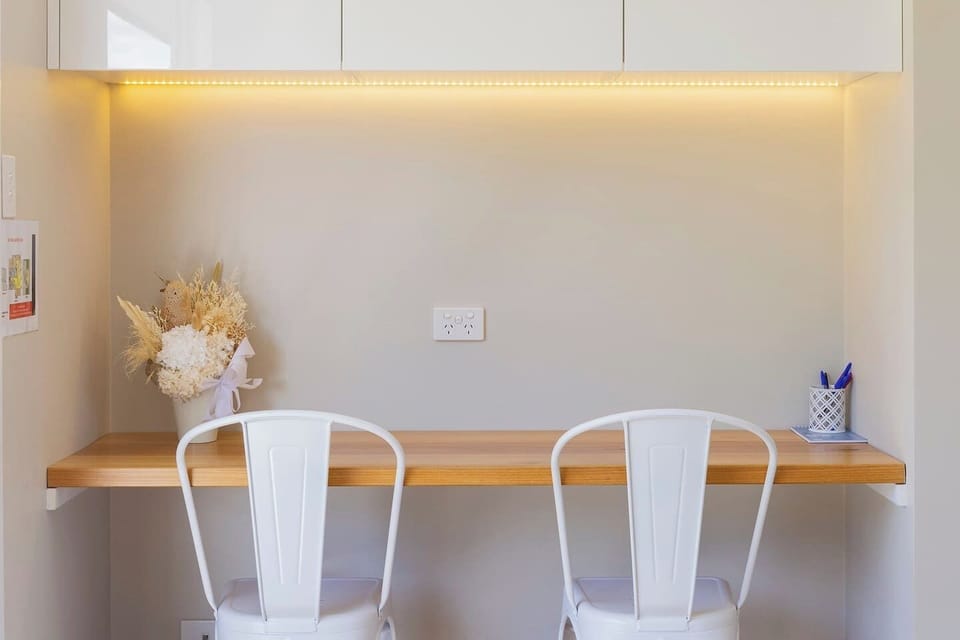 A dedicated study nook in the kitchen is perfect for those on a working holiday.
