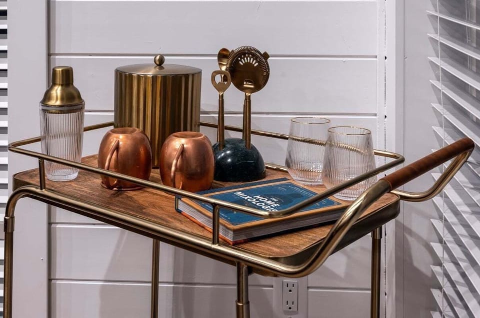 Drink cart behind the living room sofa