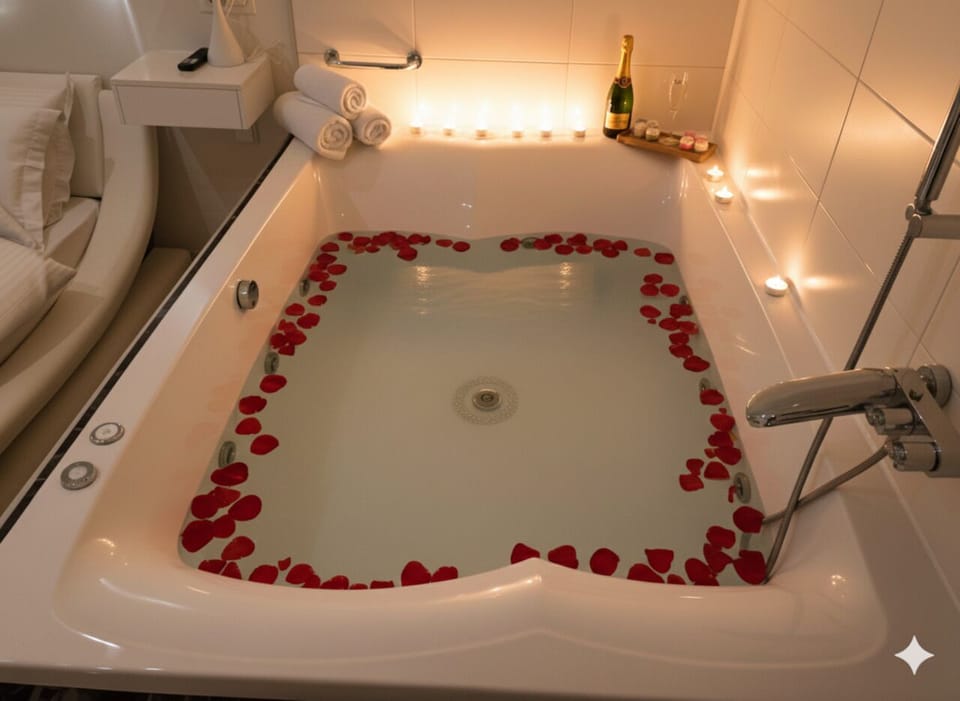 Hot tub, Jacuzzi, Romantic suite, Spa bath, Couple's getaway, Luxury amenities.
