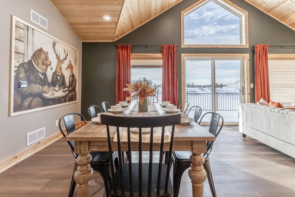 Dining area that seats eight and the island seats four.