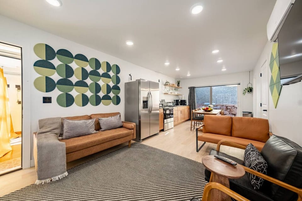 Living room, dining area and kitchen.