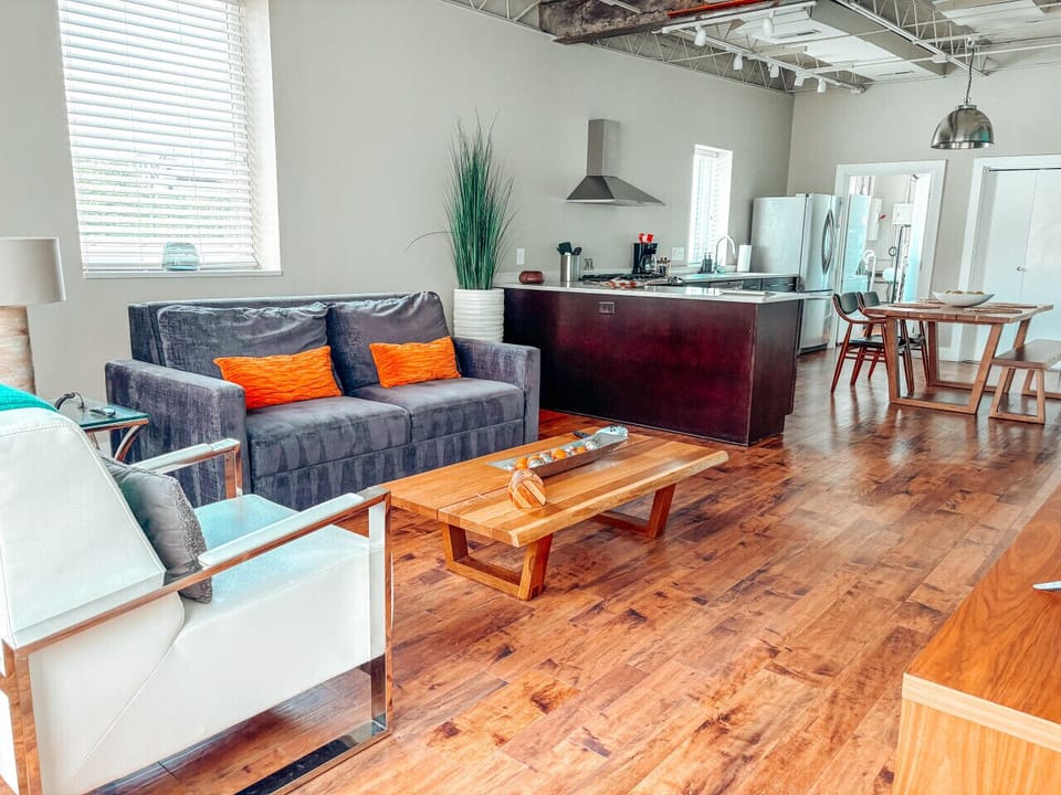 Bright and airy living room with sleeper sofa