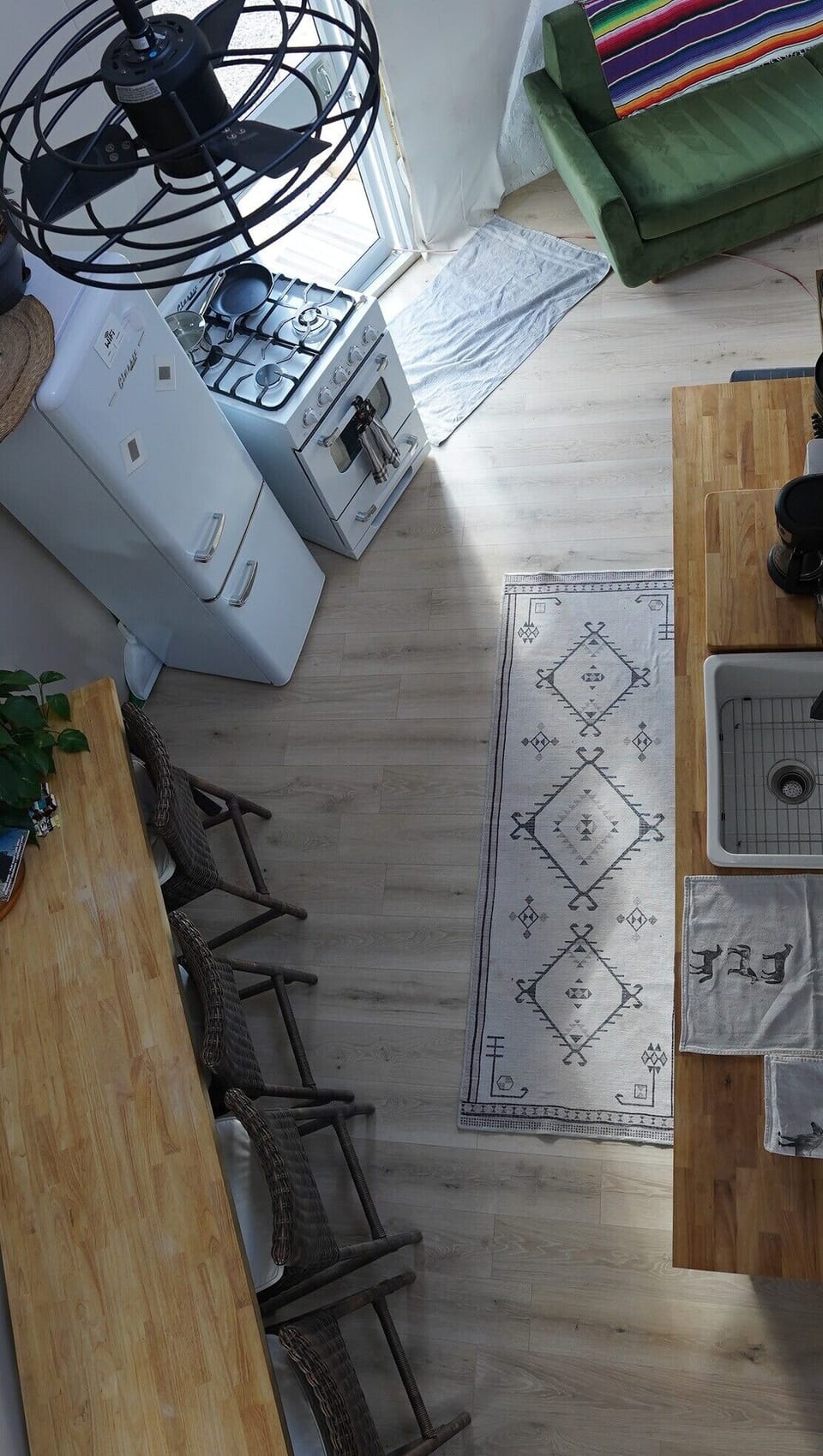 The kitchen pictured from the sleeping loft