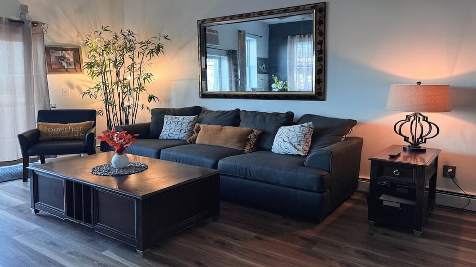 Living room , view of New York , Queen pullout sofá , ceiling fan , window ac , large dinning table