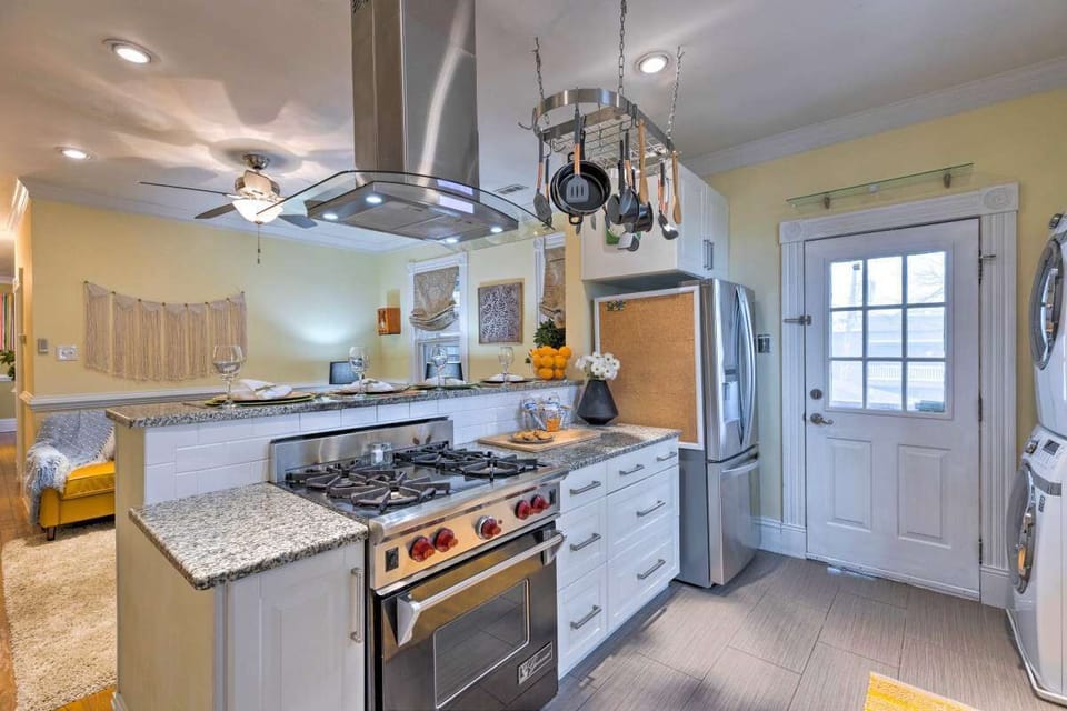 Kitchen stove and fridge. 