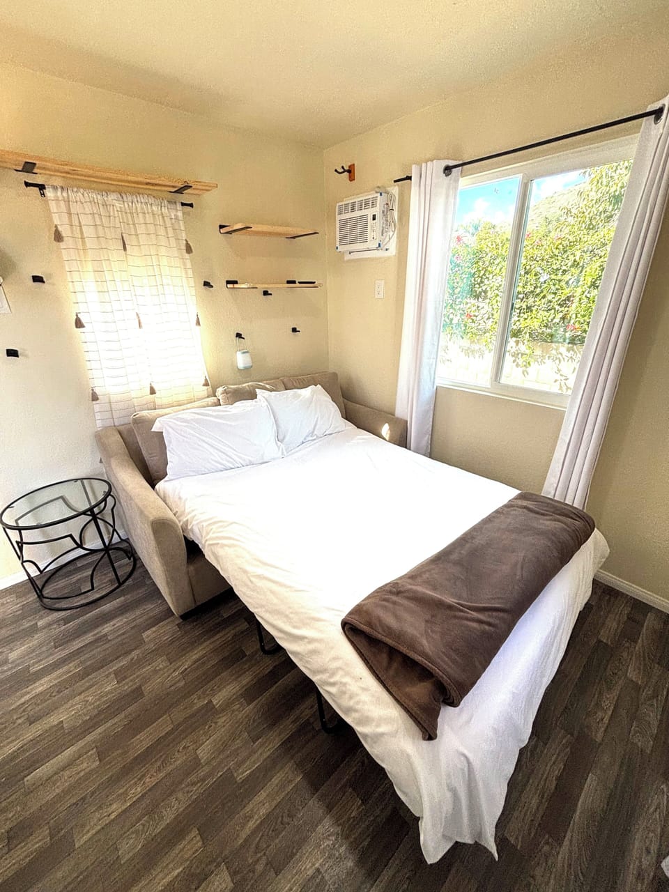 Couch pulls out to full bed, linens provided.