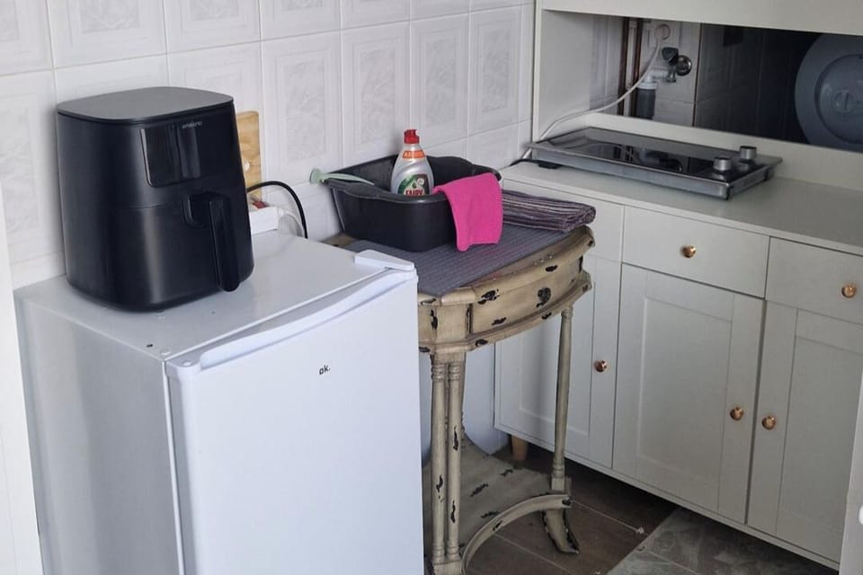 Kitchenette connected to the bathroom area.  Which contains a shower sink and toilet