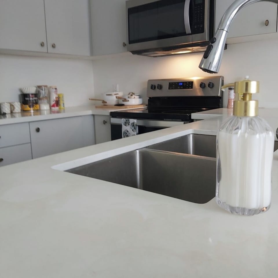 Modern kitchen with stainless steel appliances, a double sink, and sleek design.