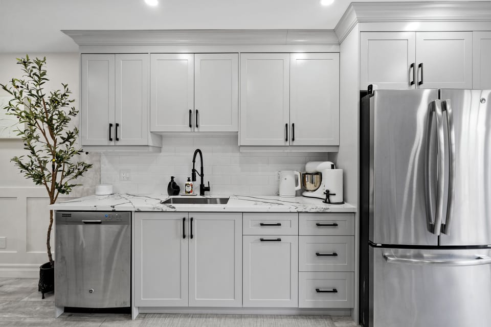 Our lovely kitchen is fully furnished and well stocked with basic supplies