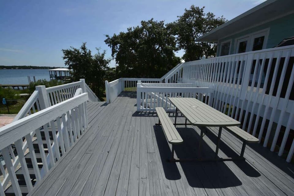 picnic style seating on the newly remodeled deck