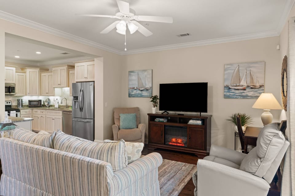If you plan to stay during the cooler months, be sure to turn on the electric fireplace in the living room.