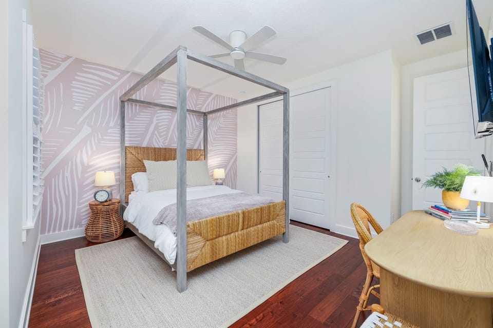 Cozy guest bedroom with king bed