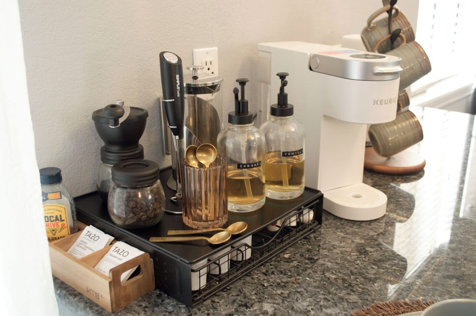 Coffee Bar with keruig, French press, fresh beans, and syrups 