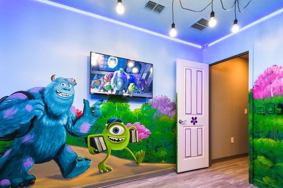 This room brings the Monsters, Inc. world to life with two full beds and access to a shared hallway bathroom (with a shower), shared with the Harry Potter Room. Also includes a smart TV.