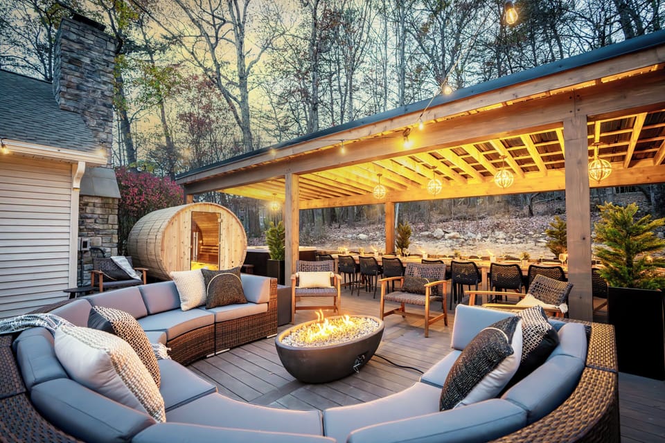 Spacious oversized deck with covered seating for up to 22 guests.