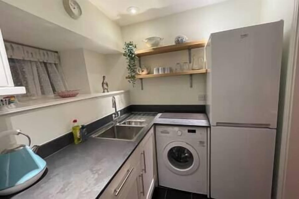 Kitchen Area equipped with washing machine and full-sized fridge/freezer combo