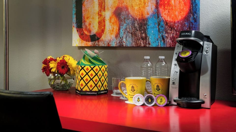 Start mornings with fresh Keurig coffee and colorful treats.