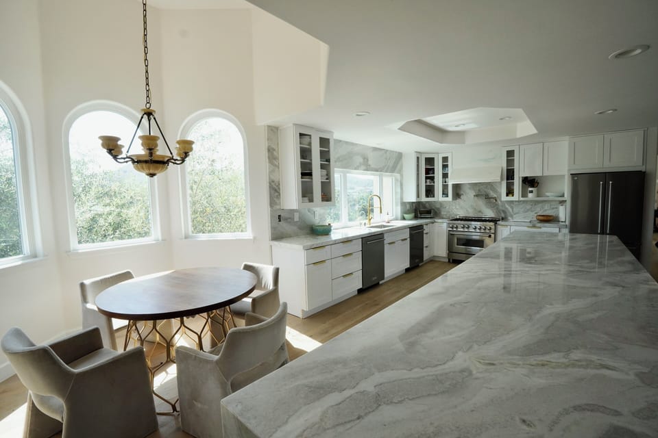 Enormous kitchen island gives ample space for cooking