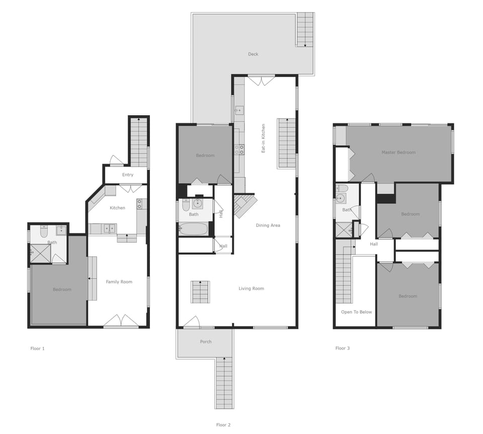 House layout. Floor 1 is the basement, floor 2 is the main floor & floor 3.