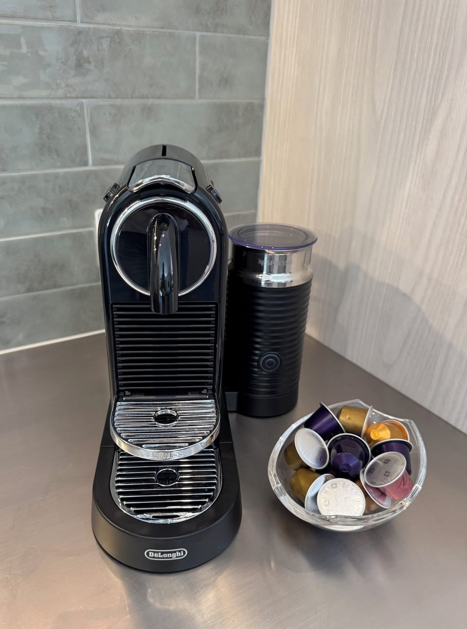 Nespresso Coffee machine with a selection of complimentary coffee pods