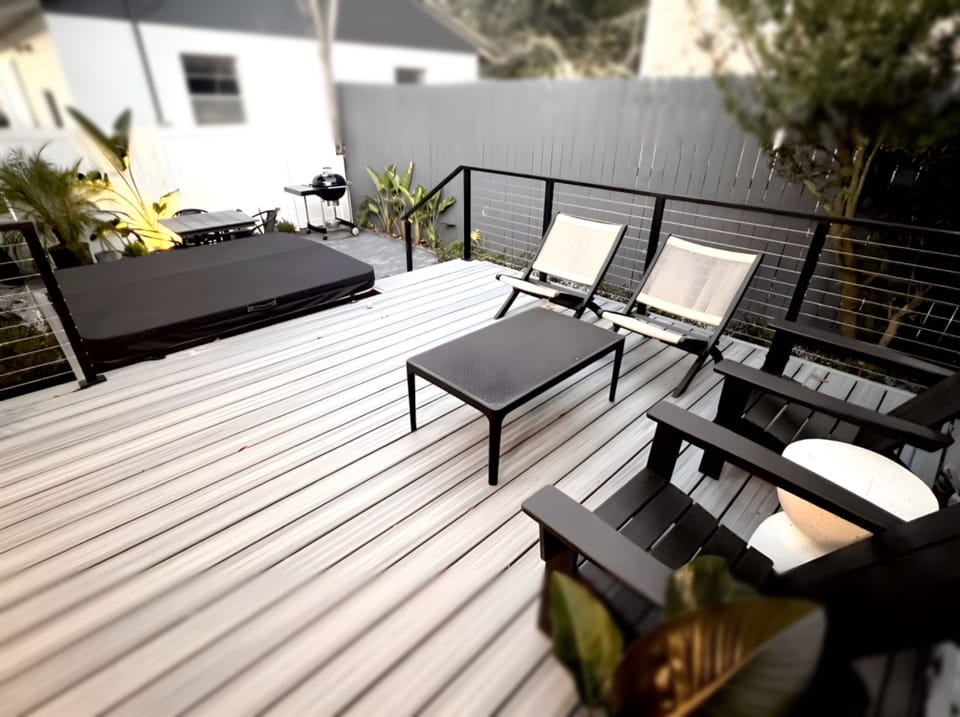 Large private deck dining, grill and with outdoor shower
