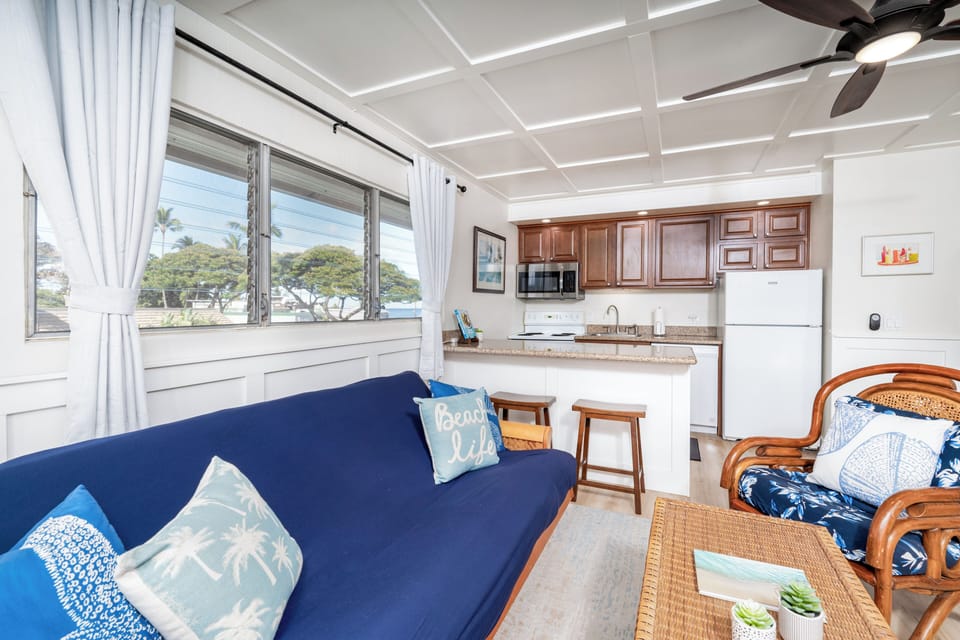 Great Room -  open kitchen, to living room with Futon Sleeper Sofa, Window AC, Cable/TV, Free WIFi
