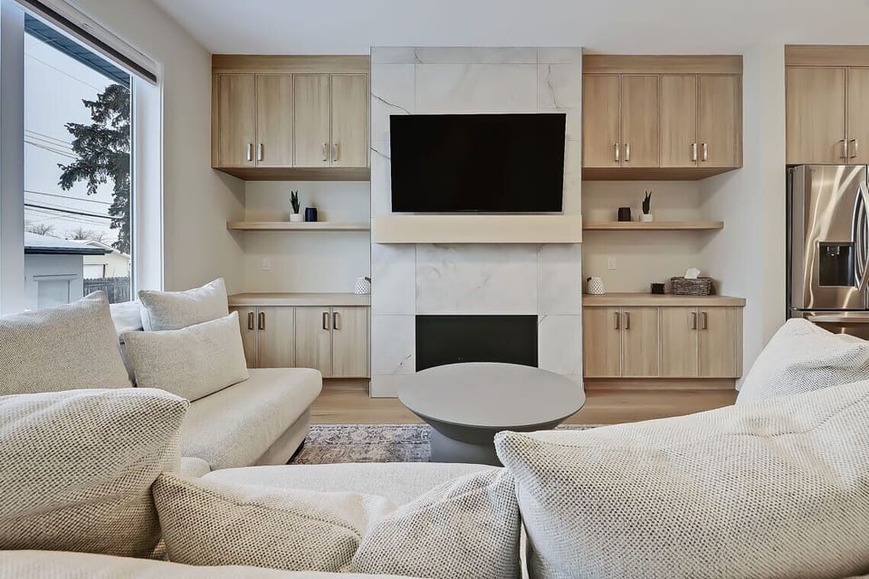 Electric fireplace adds warmth and ambiance.