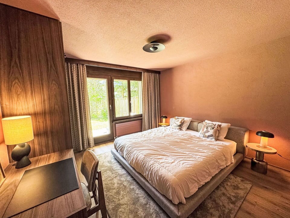 Interior Design, Bed, Bedroom, Flooring, Floor, Wood, Furniture, Ceiling, Room, Bed Sheet