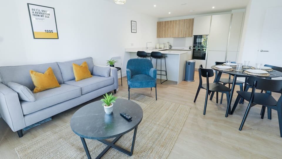 Open-plan living, dining, and kitchen