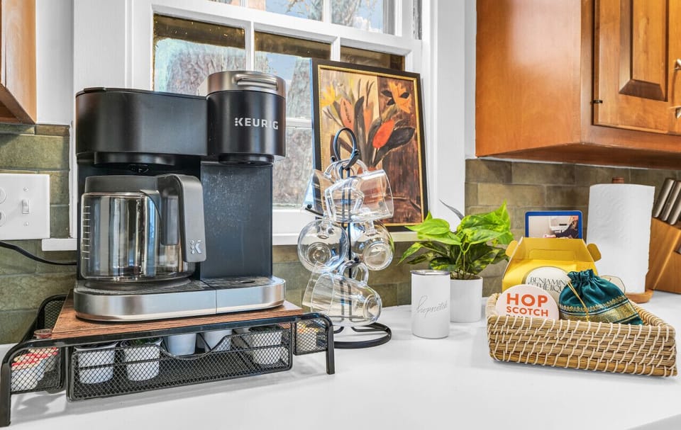 We offer K cups, sugar, creamer, and tea for your morning beverages. We also offer a welcome package pointing you to area must-visit spots such as Hopscotch Bakery and Market.