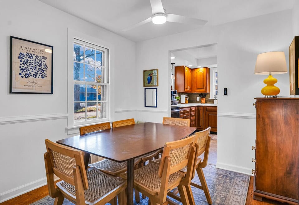 Enjoy the light of south-facing windows during the day or use the many charming lamps at night.