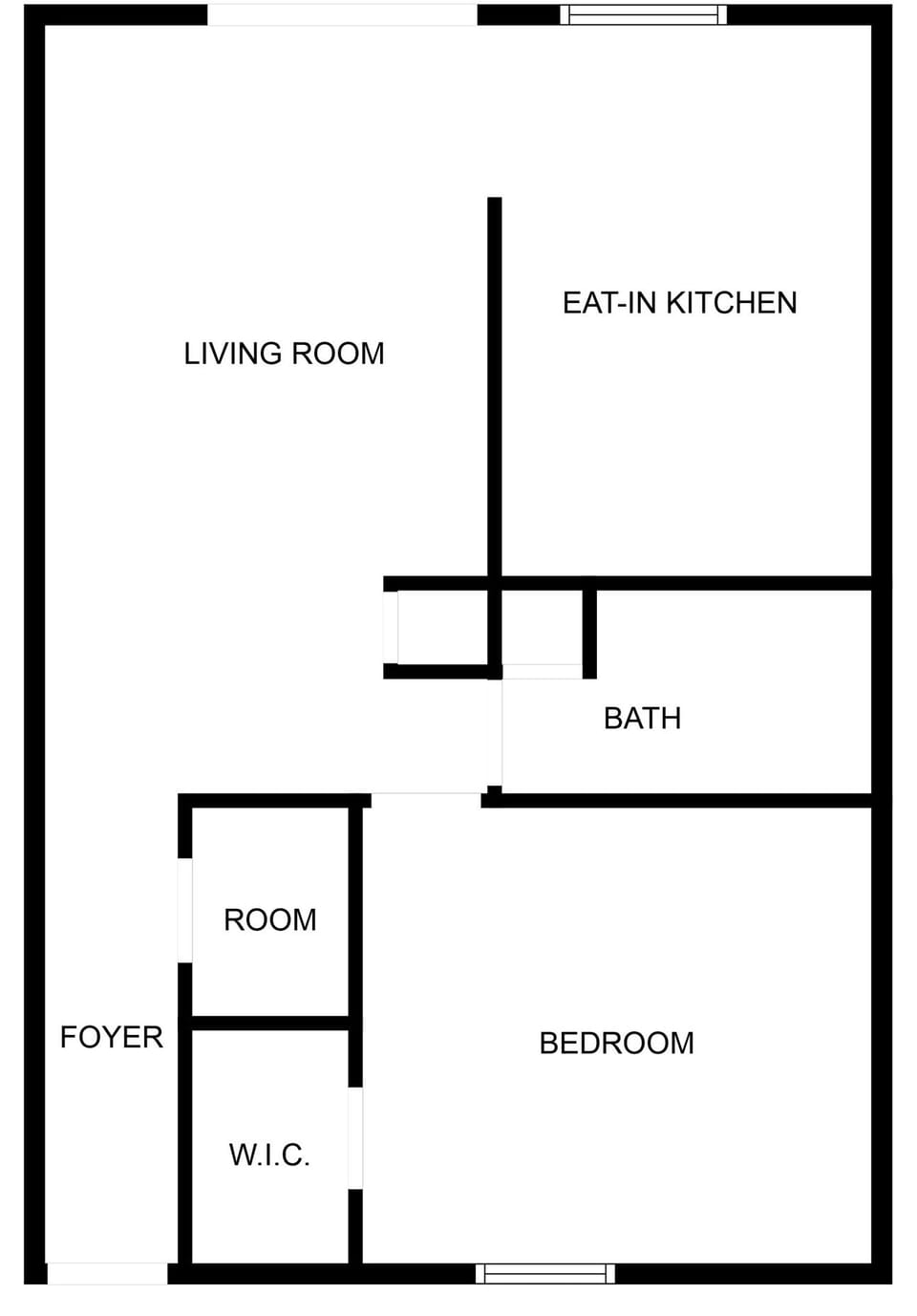 Simple layout showing the spacious flow from the bedroom to the living area, kitchen, and patio.