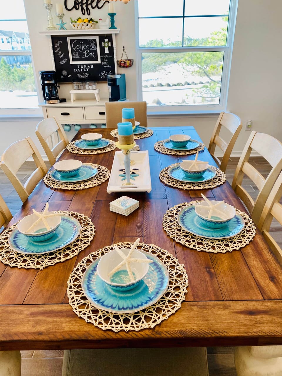 Dining room, coastal farmhouse table that seats 8