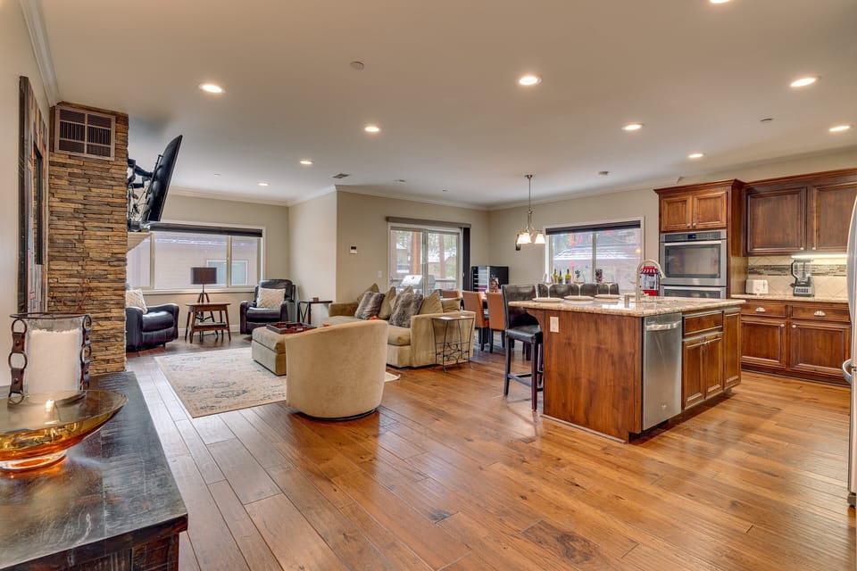 Kitchen, dining, and living area