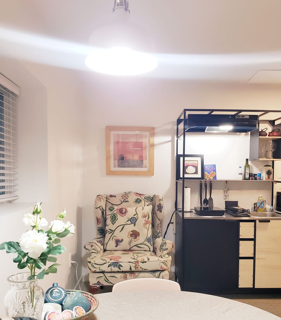 love chair, dining table, range hood, utensils 