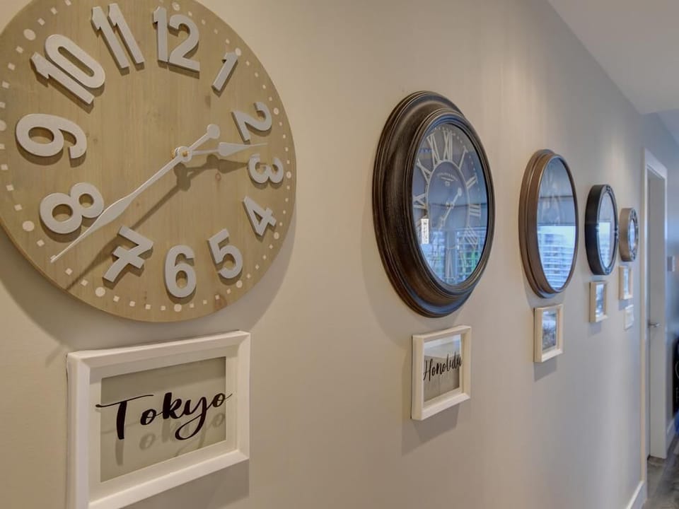 Charming hallway with unique clocks and cozy ambiance