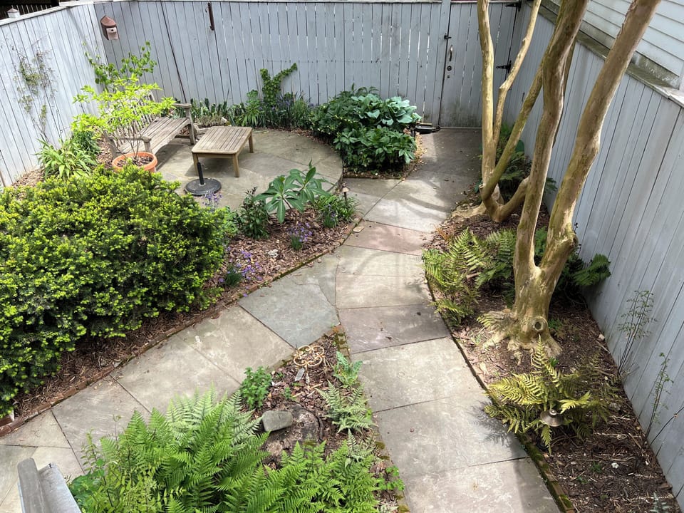 Backyard garden with seating, with rear entrance from parking via locked gate.