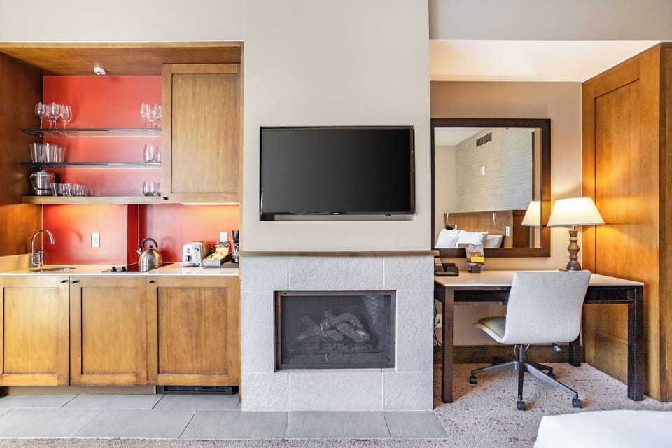 TV and fireplace.