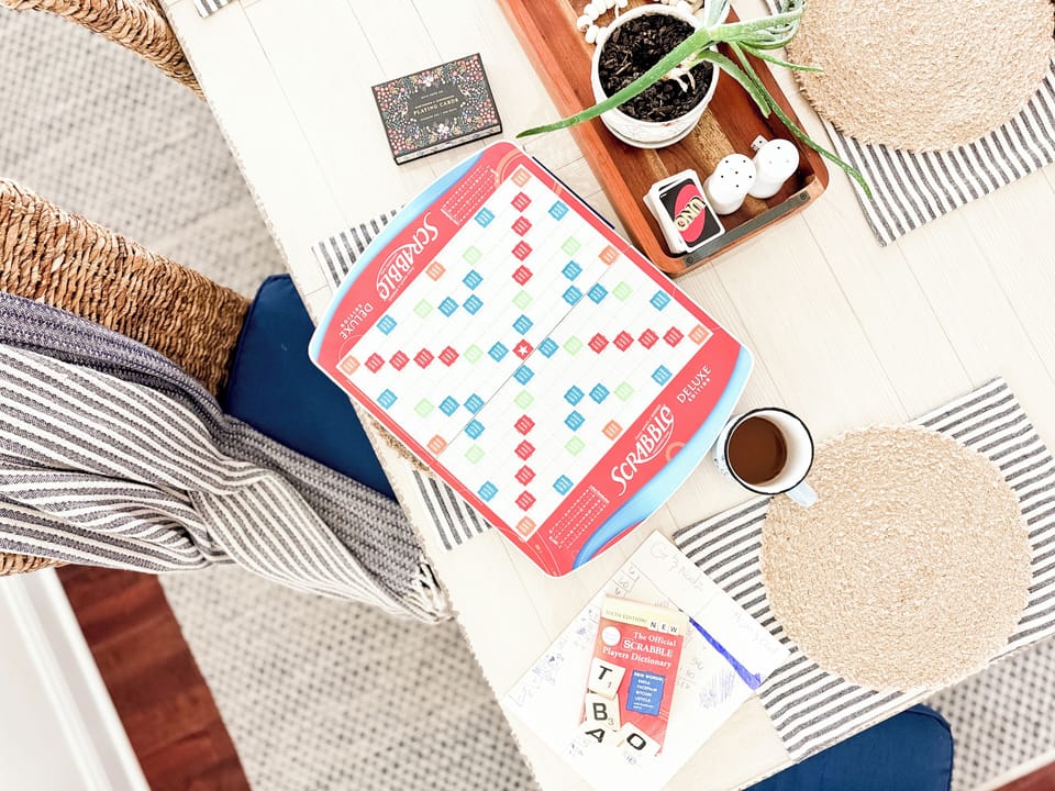 Scrabble is our favorite, but also monopoly, uno, and spades!