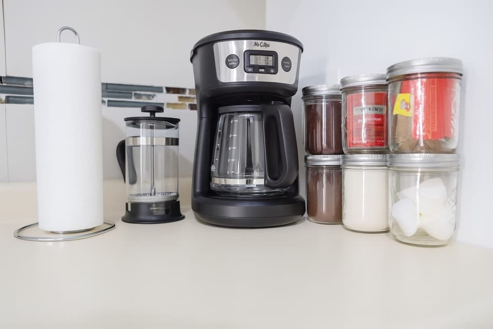 Start your morning right with a fresh cup of coffee or tea from our well-stocked coffee station — complete with a coffee maker, French press, and essentials for a cozy stay.