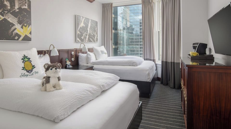 Stretch out with two plush beds and skyline daylight.