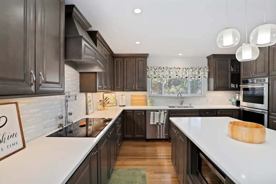 The kitchen is spacious and updated- fully stocked with cookware, dishes and glasses. 