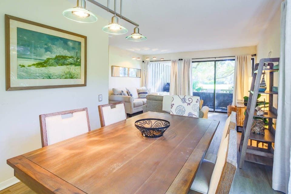 The large wood dining table seats 6.