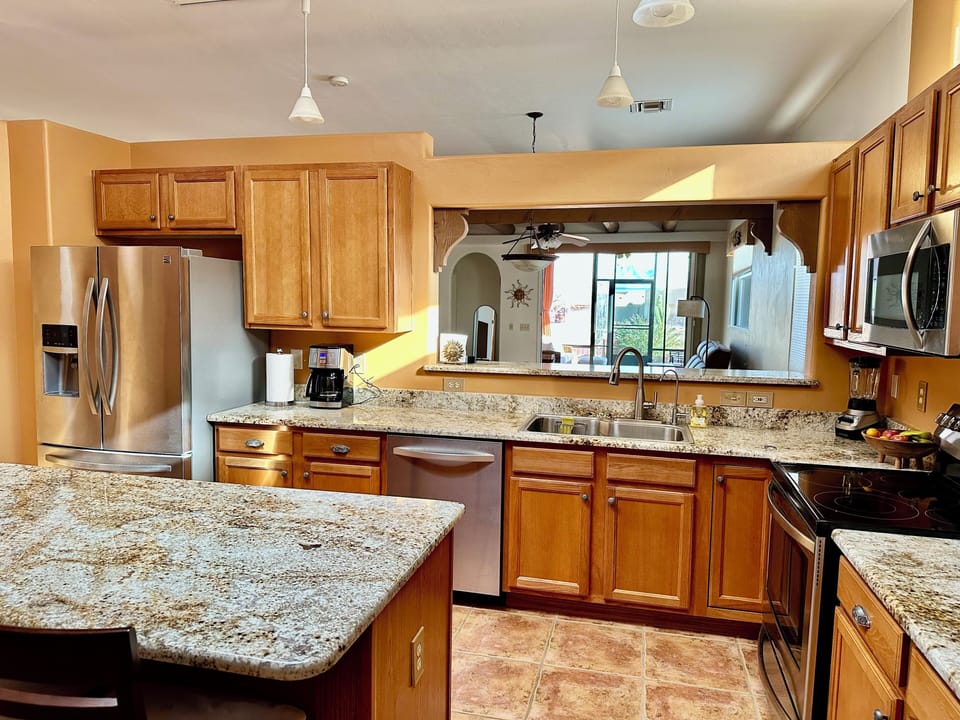 Large renovated kitchen with island.