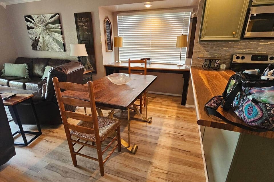 Designated dining area next to kitchen.